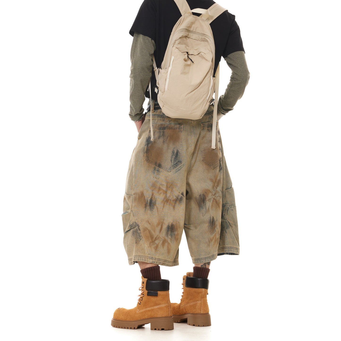 Retro Dirty Dyed Denim Wide Leg Seven Quarter Shorts