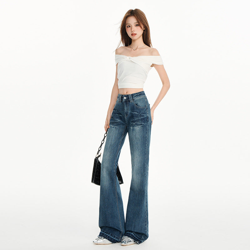 Women's Heavy Washed Flared Denim Pants with Low Waist