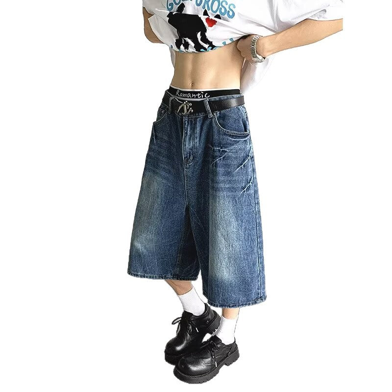 Lightning Pattern Seven Quarter Denim Loose Shorts with Wide Legs