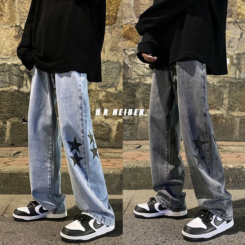 Trendy Pentagram Smoke Gray Jeans - Men's Loose Straight Leg Pants