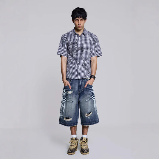 Trendy High Street Denim Shorts - Jaded Same Style Totem Print Ripped Wide Leg Pants