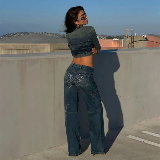 Spicy Girl's Winged Rhinestone Washed Jeans - Custom Wholesale Trendsetter