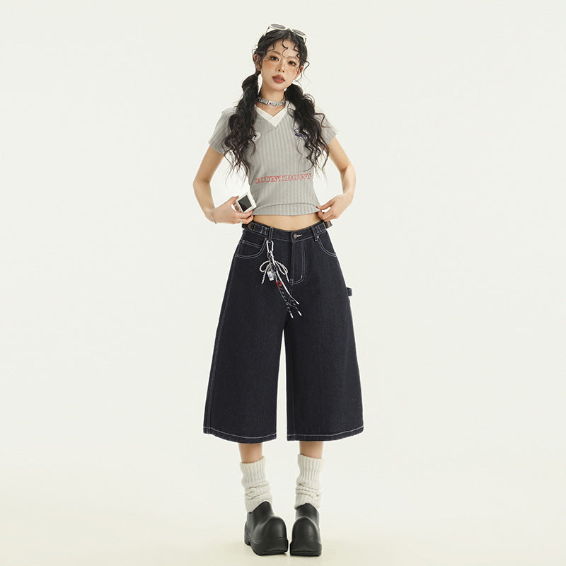 Women's Wide Leg Denim Capri Pants - Summer Loose Drape Trousers