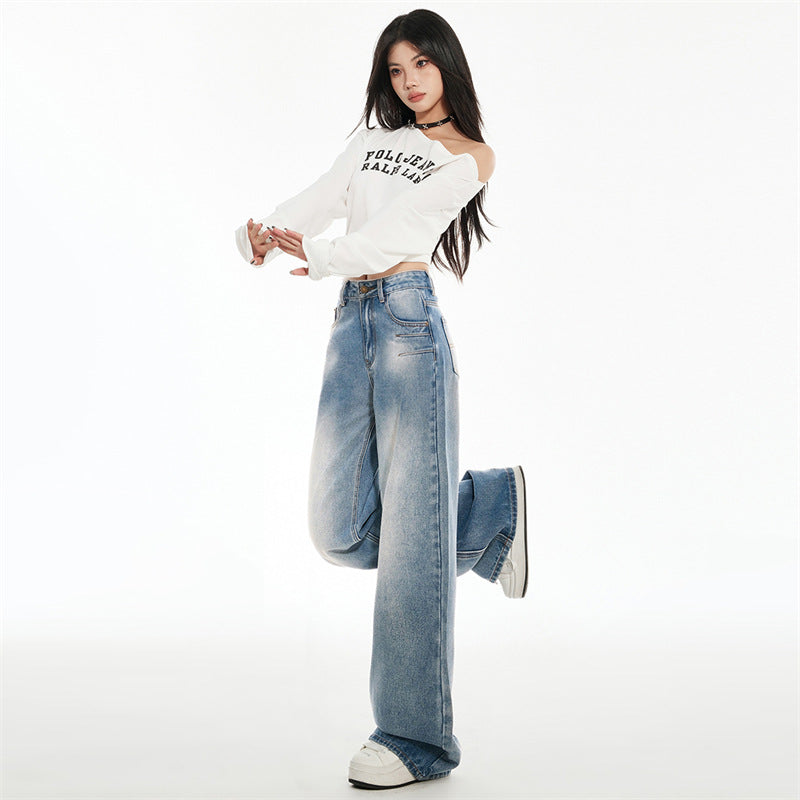 Washed Straight High Waist Jeans for Women - Slimming Embroidered Wide Leg Pants