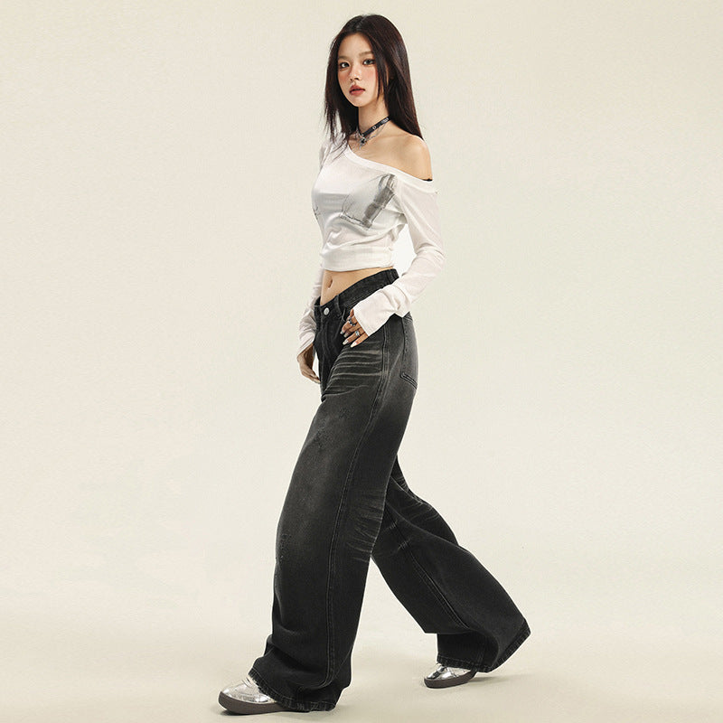 Women's Washed Denim Wide Leg Pants - High Waist Loose Floor Length Trousers