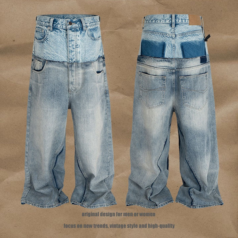 American High Street Design Double Layer Spliced Baggy Denim Trousers for Men