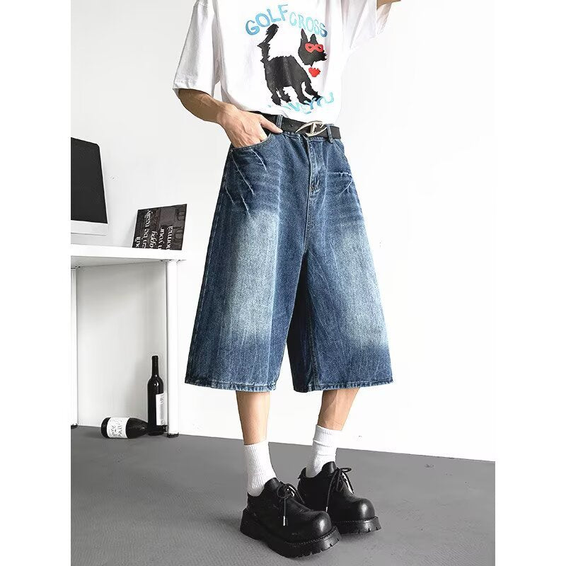 Lightning Pattern Seven Quarter Denim Loose Shorts with Wide Legs