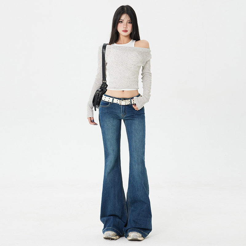 Retro Spicy Girl Flared Jeans - Women Low Waist Slim Fit Elasticity Leggings