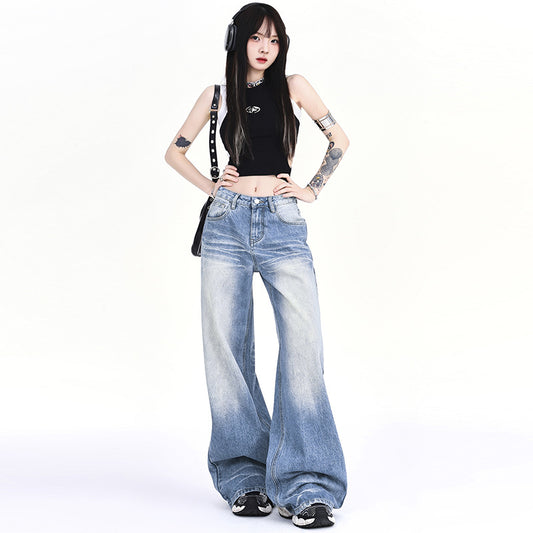 Women's Loose Denim Pants - Vintage High Waist Slim Wide Leg Trousers