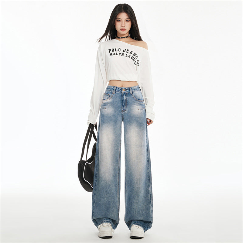 Washed Straight High Waist Jeans for Women - Slimming Embroidered Wide Leg Pants