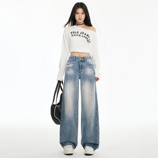 Washed Straight High Waist Jeans for Women - Slimming Embroidered Wide Leg Pants