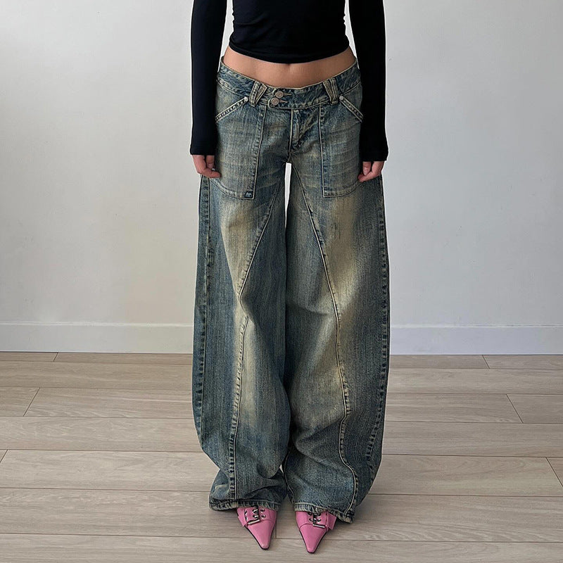 Low Waist Irregular Split Line Pocket Jeans