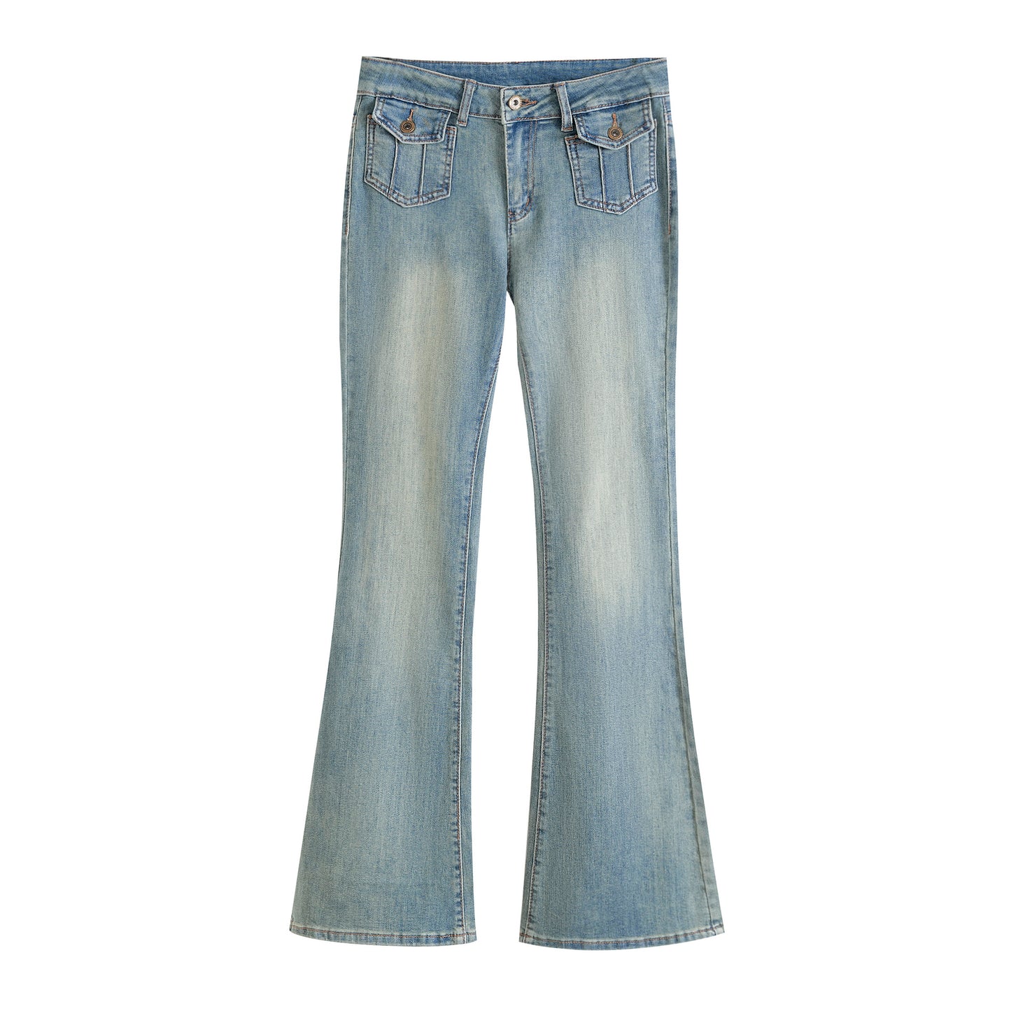 Low Waist Button Slim Fit Flared Jeans - Nostalgic Blue
