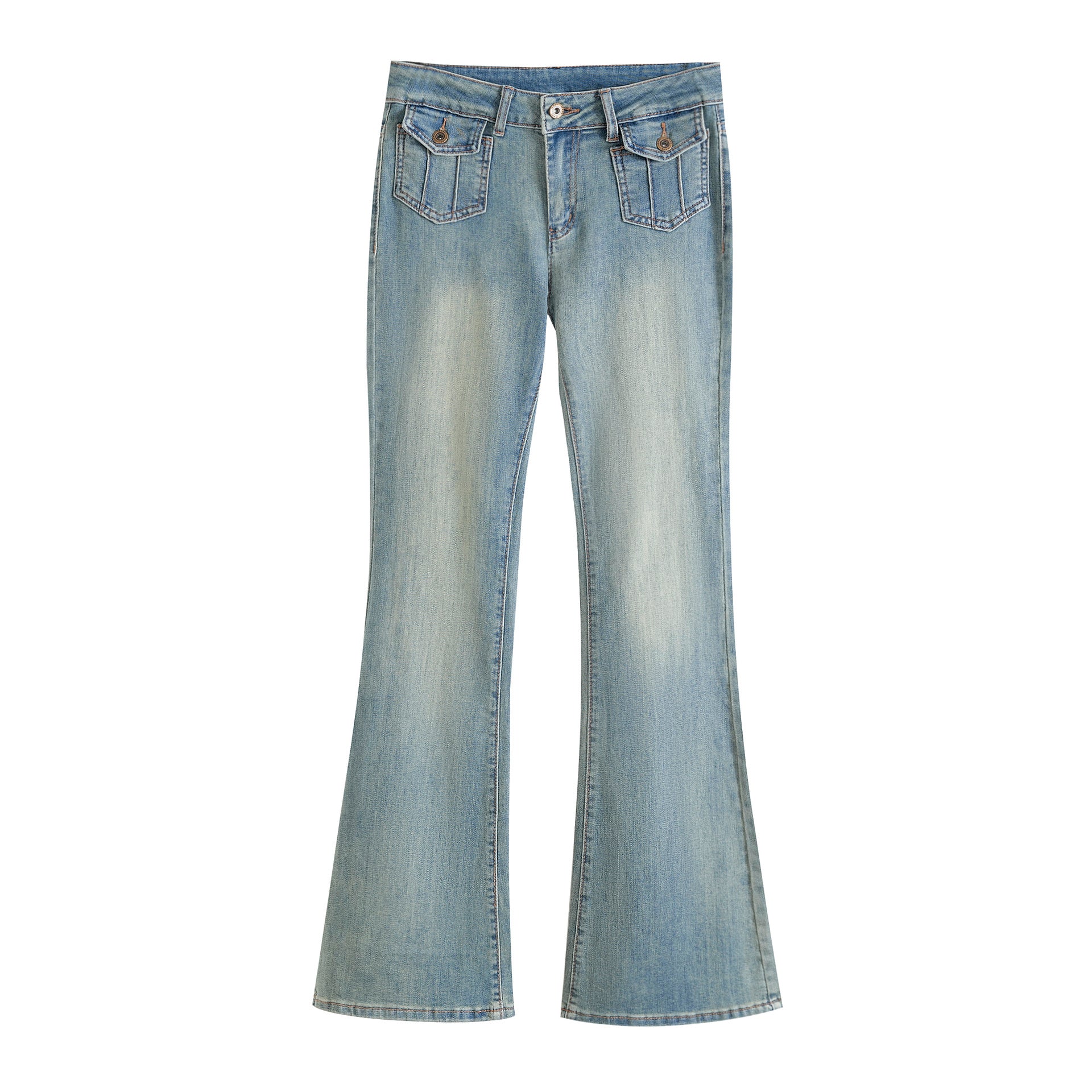 Low Waist Button Slim Fit Flared Jeans - Nostalgic Blue