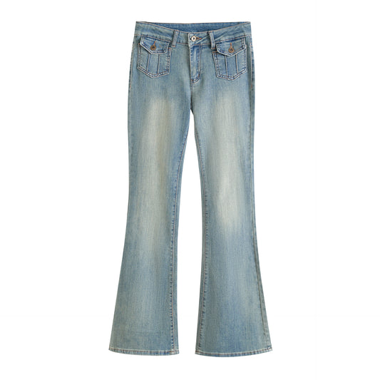 Low Waist Button Slim Fit Flared Jeans - Nostalgic Blue