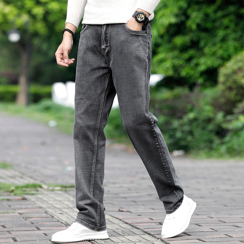 Men's Grey Casual Stretch Denim Trousers - Plus Size Business Jeans