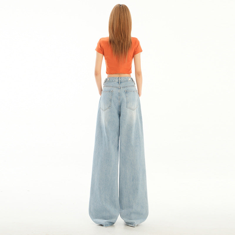 Light Wash Distressed Denim Pants for Women with Lace Splicing - Loose Fit Style, Straight Leg, Wide Leg Trousers