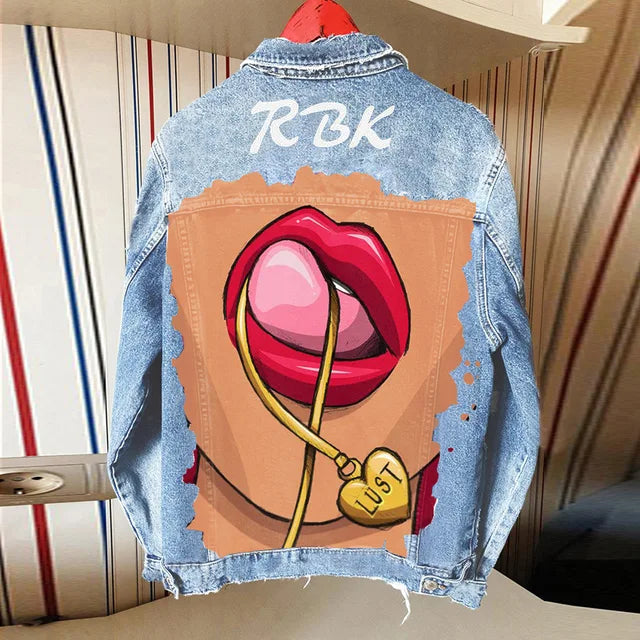 Women's Autumn Denim Jacket with Tongue Out Print