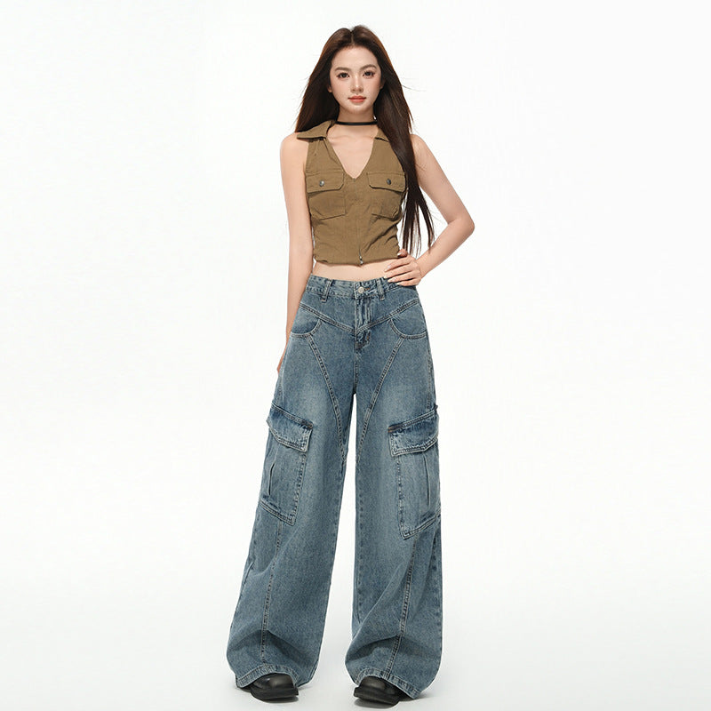 Women's Multi-Pocket Workwear Denim Pants - Loose Wide-Leg Style