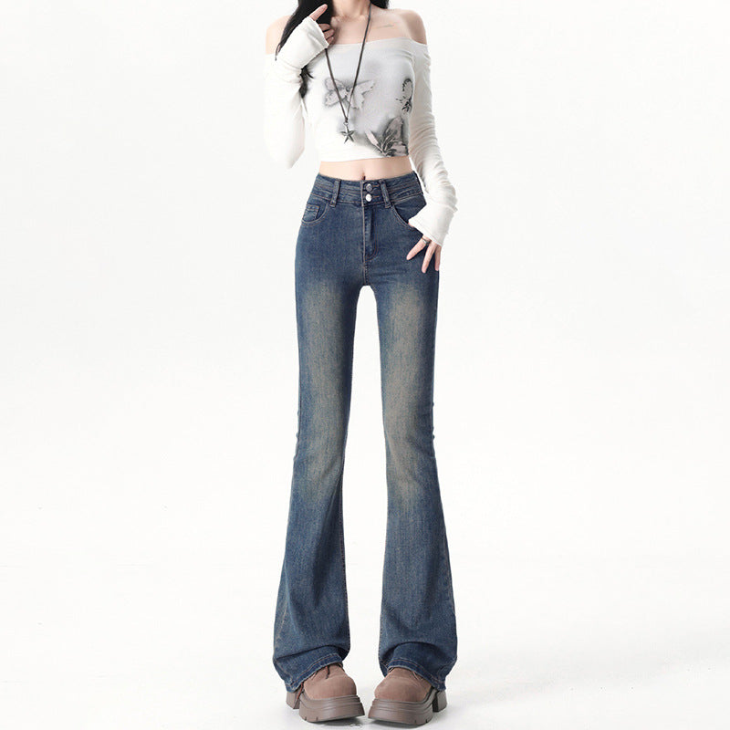 Individual Street Style Double Button Flared Jeans for Women - High Waist Slimming Hoof Bell Bottom Denim Pants
