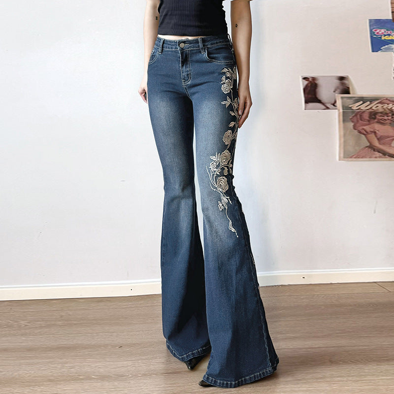 Rose Embroidery Retro Gradient Spicy Jeans