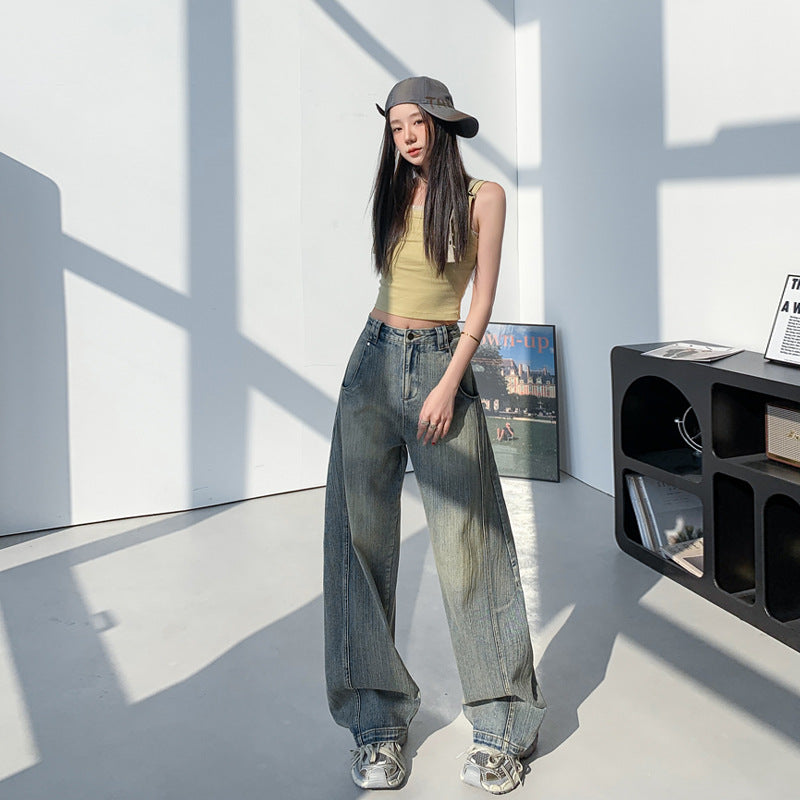 Retro Washed Slub Deconstructed Tapered Denim Pants for Women