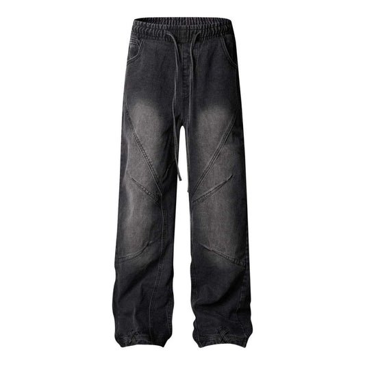 High Street Washed Distressed Pleated Reverse Denim Pants - Unisex Loose Wide Leg Straight Trousers