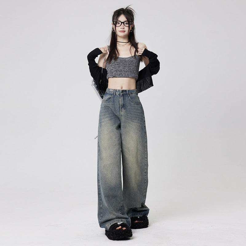 Women's Mid-Waist Loose Washed Wide-Leg Jeans with Floor-Length Pants
