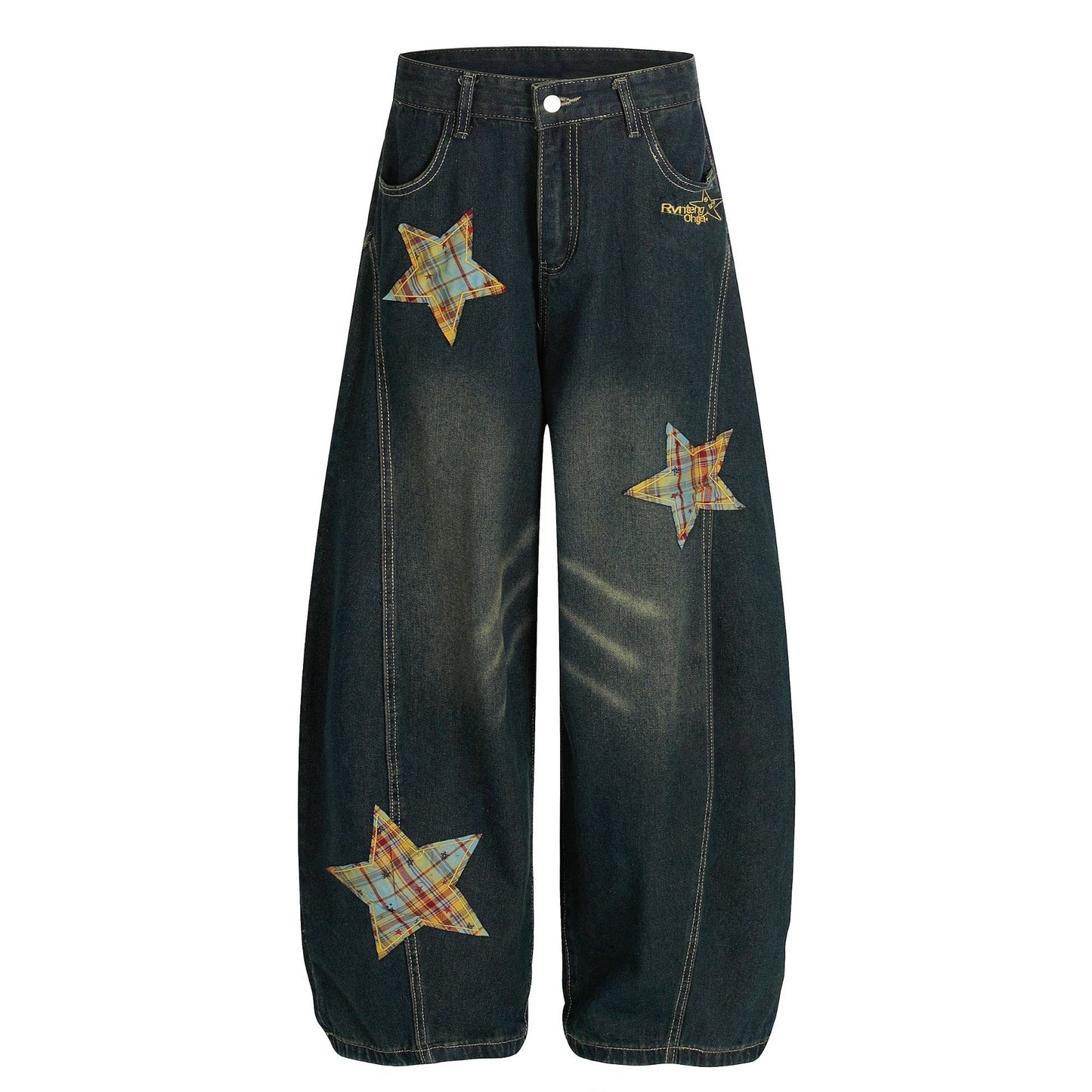 Retro Curved Knife Denim Wide Leg Pants with Star Embroidery