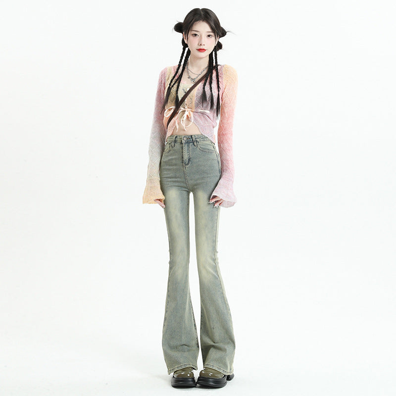 Flared Denim Pants for Women - Mud Yellow Color - High Waist & Elastic