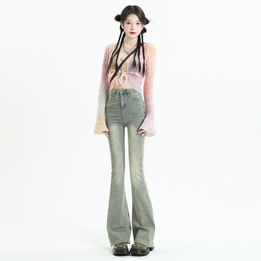 Flared Denim Pants for Women - Mud Yellow Color - High Waist & Elastic