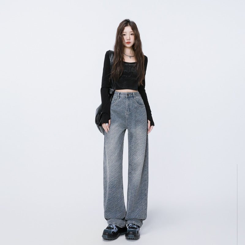 Style Meteor Texture Jacquard Denim Pants for Women - High Waist Straight Loose Slim Fit Wide Leg Trousers