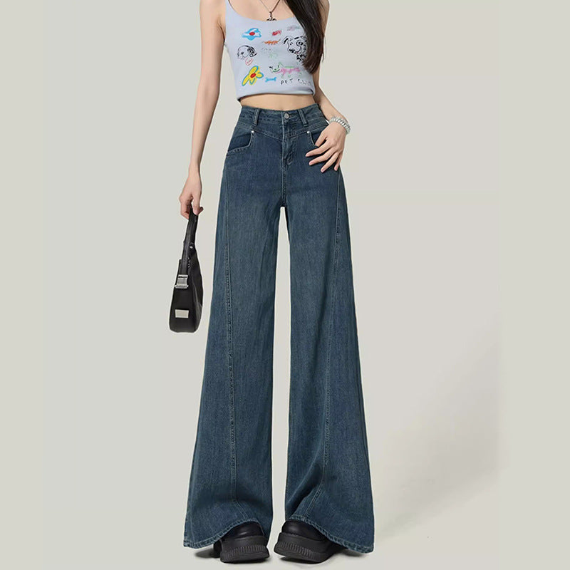 Retro Unique Wide-Leg Jeans for Women - Spring Autumn Spliced Straight Denim Pants