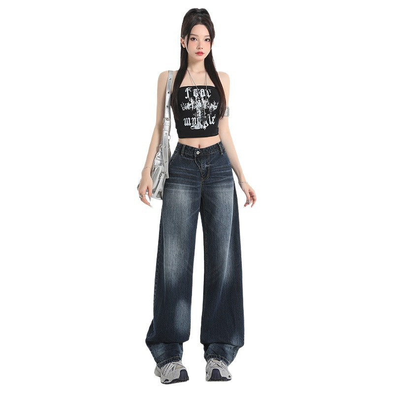 Retro Washed Cat Whisker Wide Leg Jeans for Women - Unique Vintage Design