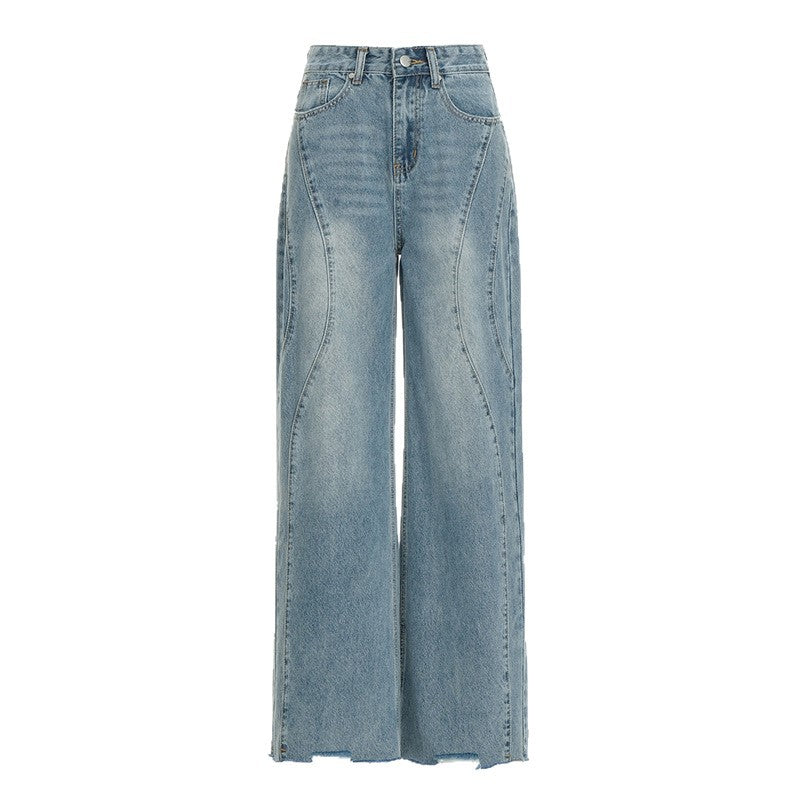 Retro Washed Wide-Leg Jeans for Women - High-Waist Loose Frayed Straight Pants