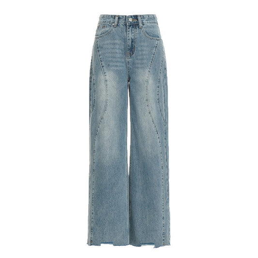 Retro Washed Wide-Leg Jeans for Women - High-Waist Loose Frayed Straight Pants