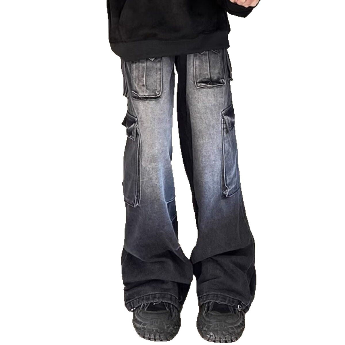 Spring and Autumn Multi Pocket Straight Leg Wide Leg Pants