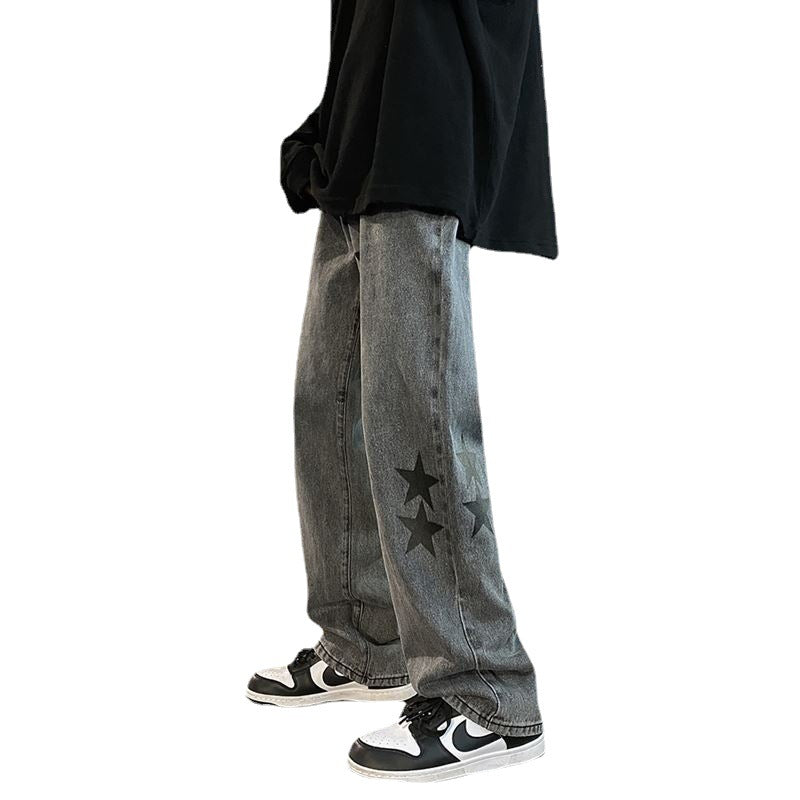 Trendy Pentagram Smoke Gray Jeans - Men's Loose Straight Leg Pants