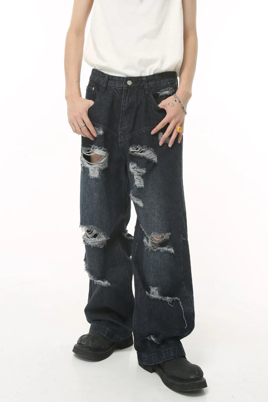 Distressed Wide Leg Pocketed Men's Jeans - Premium Japanese Denim