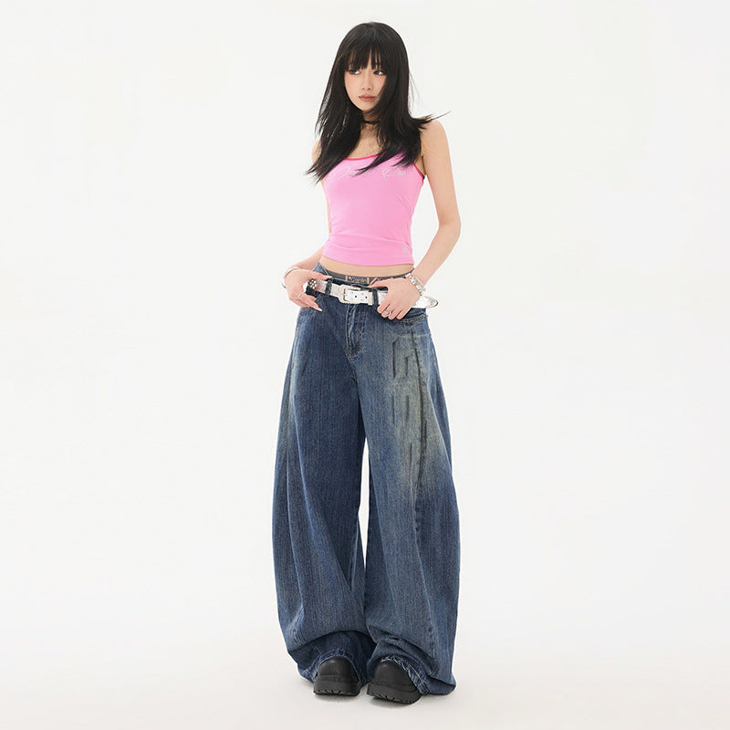 Women's Washed Distressed Mid-Waist Wide-Leg Pants Scissors Denim Trousers