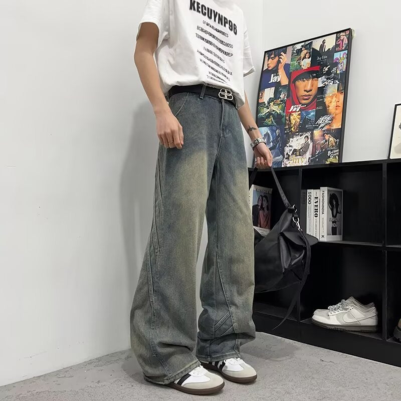 Retro Washed Straight Leg Denim Curved Knife Wide Leg Pants