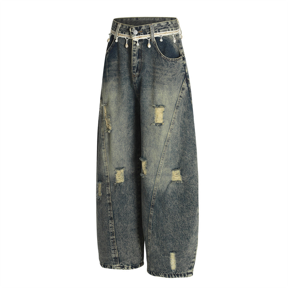 Punk Retro Washed Distressed Denim Wide-Leg Pants - Men's Trendy Loose Fit Flared Trousers