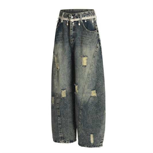 Punk Retro Washed Distressed Denim Wide-Leg Pants - Men's Trendy Loose Fit Flared Trousers