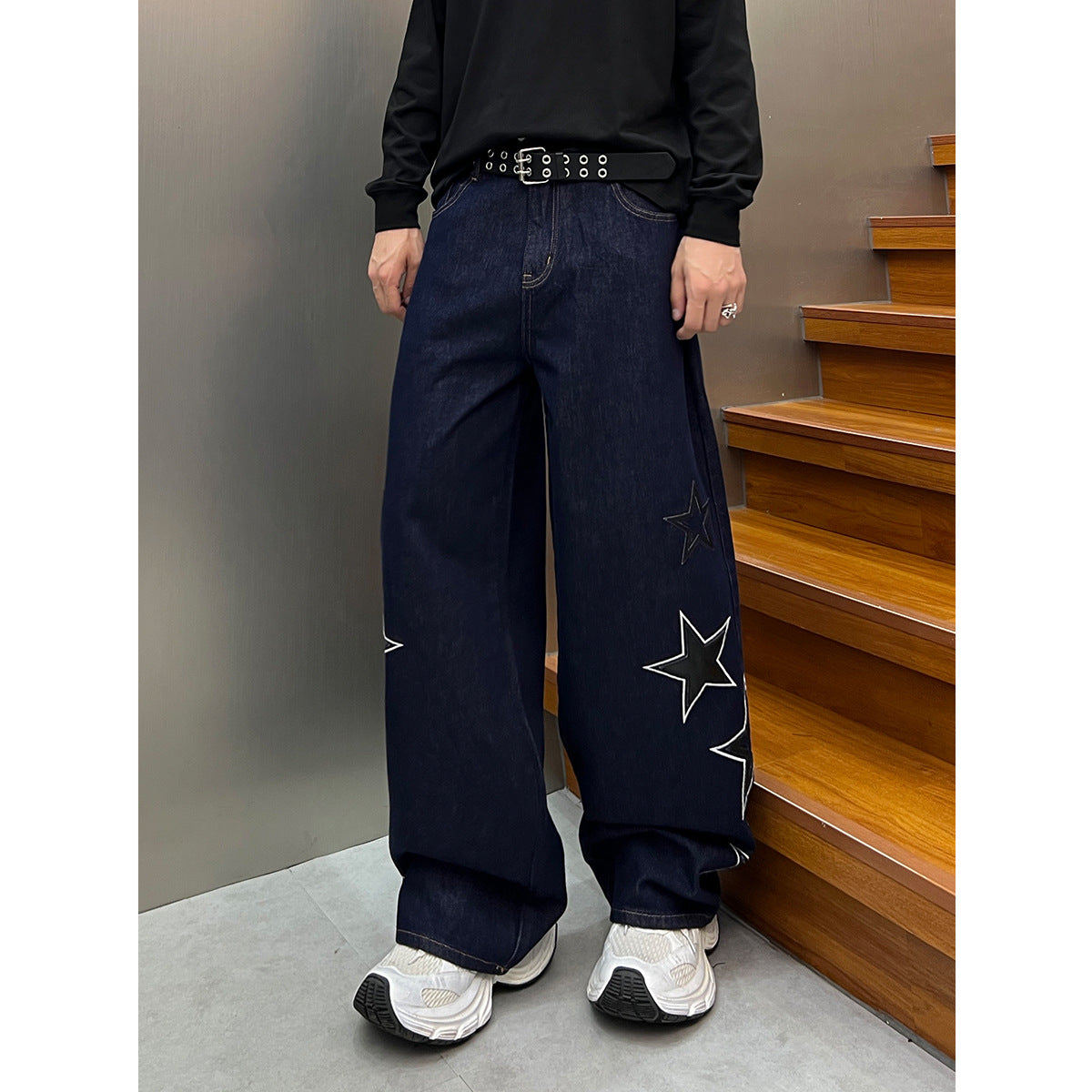Street Denim Five Pointed Star Patch Embroidered Loose Wide Leg Pants
