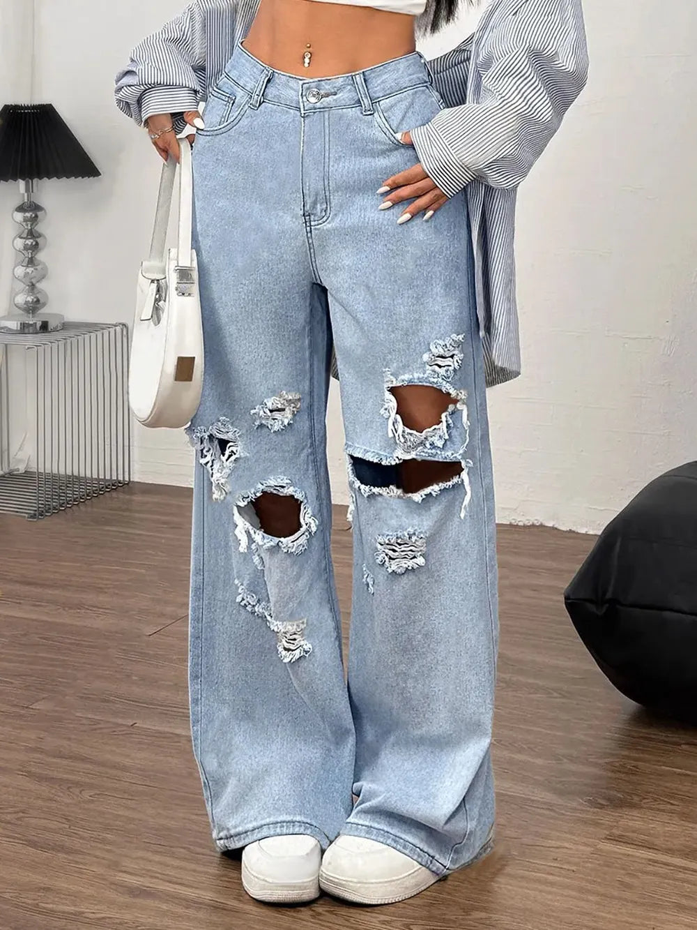 Distressed Wide Leg Jeans with Pockets - Premium Japanese Denim