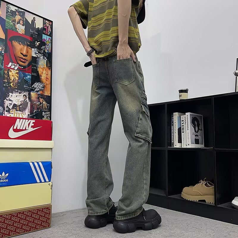 Multi Pocket Zipper Denim Distressed Workwear Straight Leg Pants