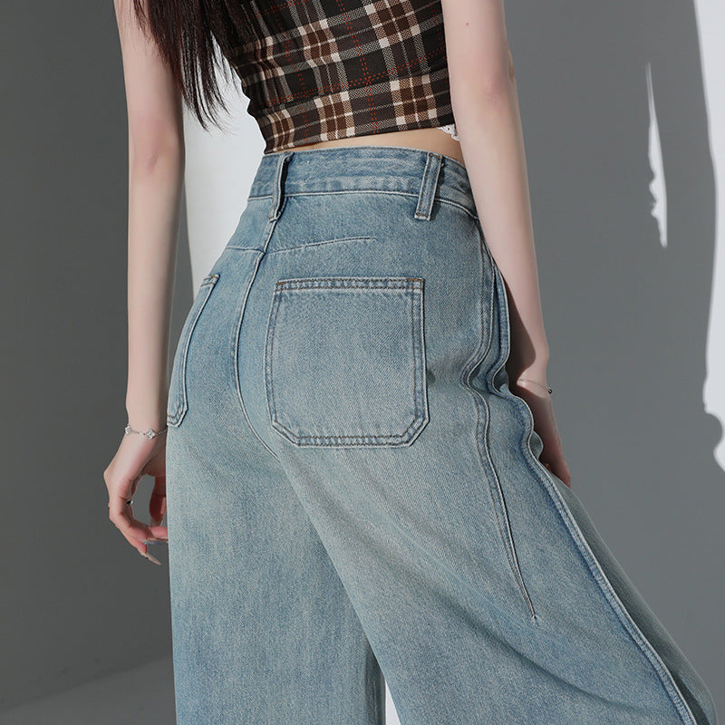 Light Blue Tencel Wide-Leg Jeans for Women - High-Waist Loose Straight Floor-Length Pants
