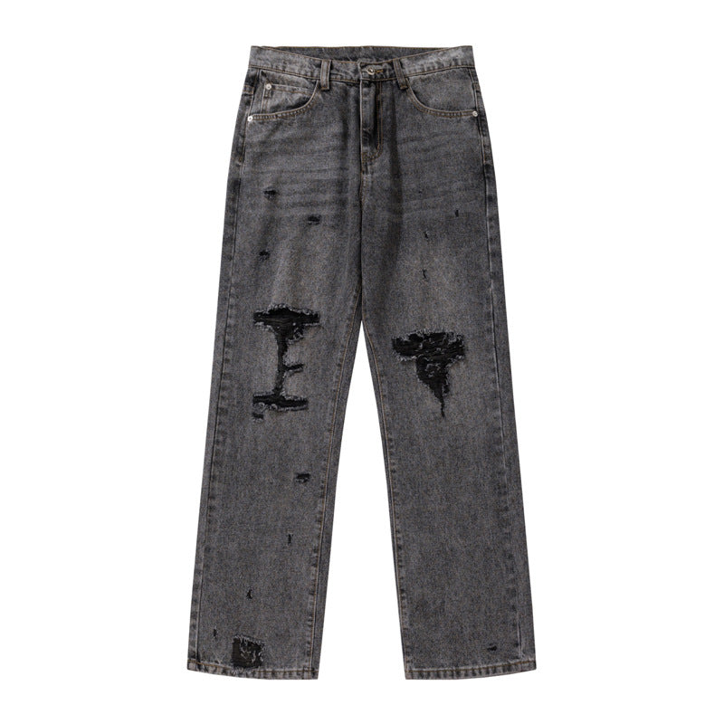 Water-Washed Black and Gray Distressed Knife-Cut Denim Pants for Unisex