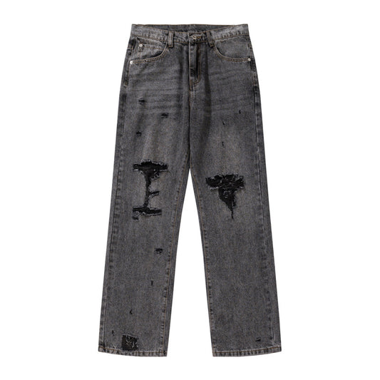 Water-Washed Black and Gray Distressed Knife-Cut Denim Pants for Unisex