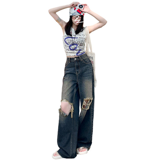 Women's Loose Folded Frayed Floor-Length Wide-Leg Denim Trousers